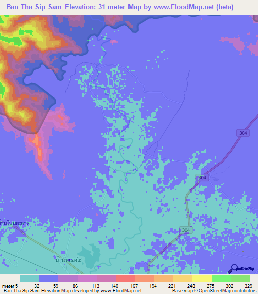 Ban Tha Sip Sam,Thailand Elevation Map