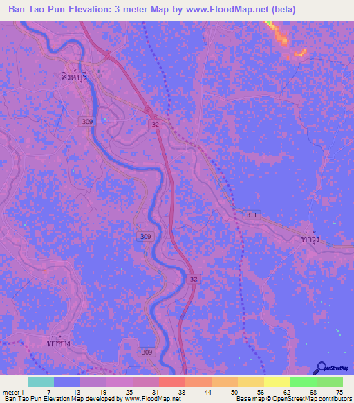 Ban Tao Pun,Thailand Elevation Map