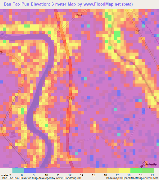 Ban Tao Pun,Thailand Elevation Map