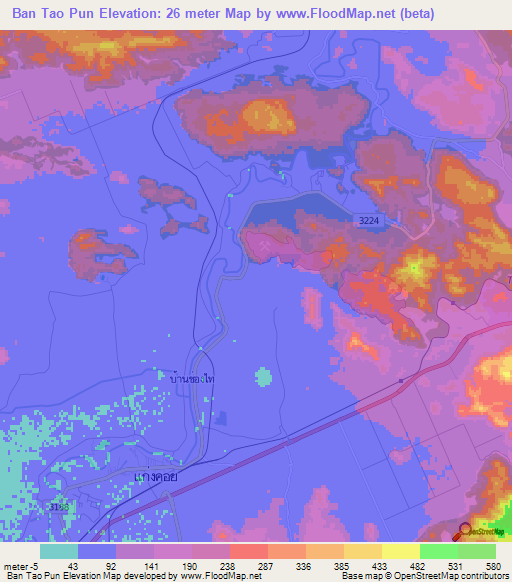 Ban Tao Pun,Thailand Elevation Map