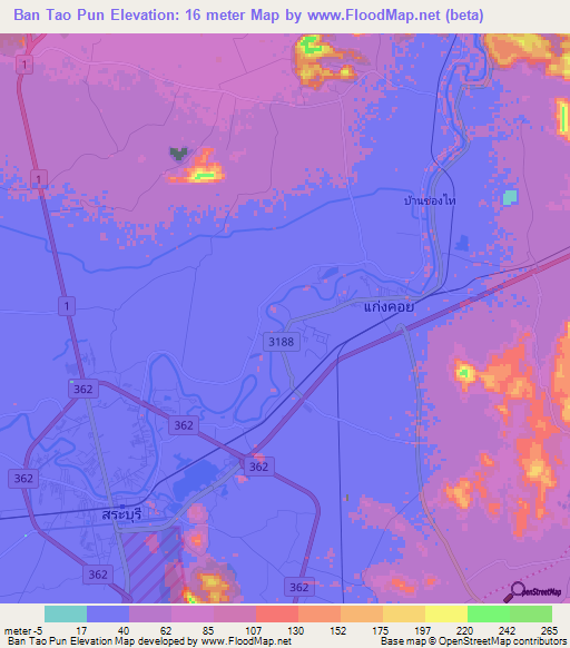 Ban Tao Pun,Thailand Elevation Map