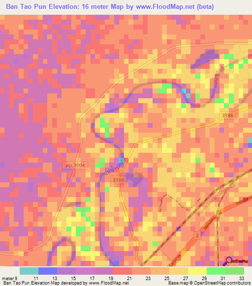 Ban Tao Pun,Thailand Elevation Map