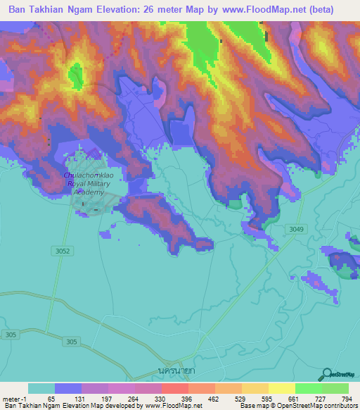 Ban Takhian Ngam,Thailand Elevation Map