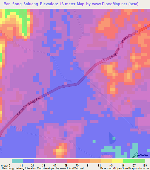 Ban Song Salueng,Thailand Elevation Map