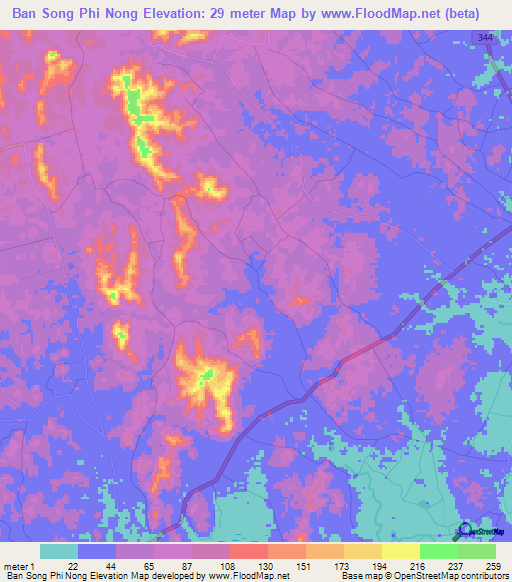 Ban Song Phi Nong,Thailand Elevation Map