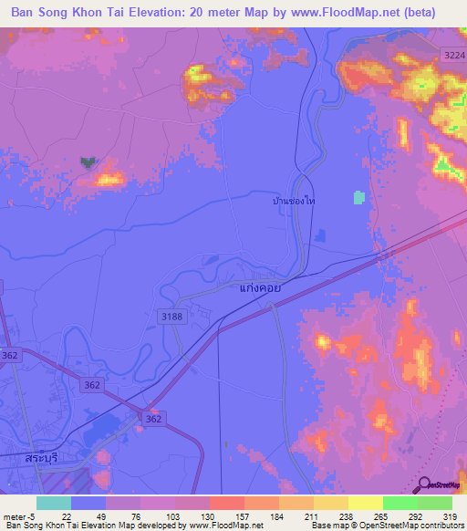 Ban Song Khon Tai,Thailand Elevation Map