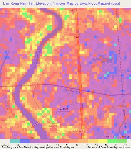 Ban Rong Nam Tan,Thailand Elevation Map