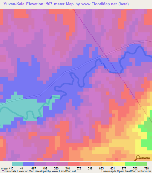 Yuvan-Kala,Turkmenistan Elevation Map
