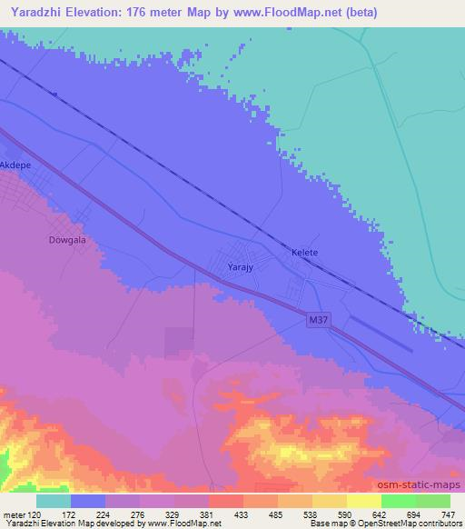 Yaradzhi,Turkmenistan Elevation Map