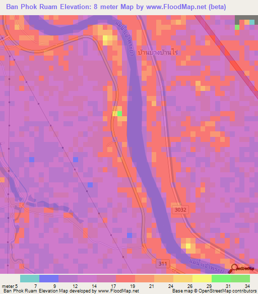 Ban Phok Ruam,Thailand Elevation Map