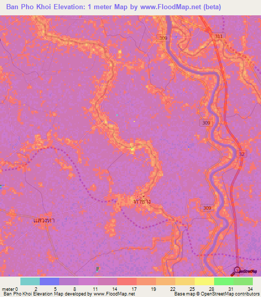 Ban Pho Khoi,Thailand Elevation Map