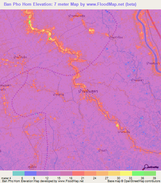 Ban Pho Hom,Thailand Elevation Map