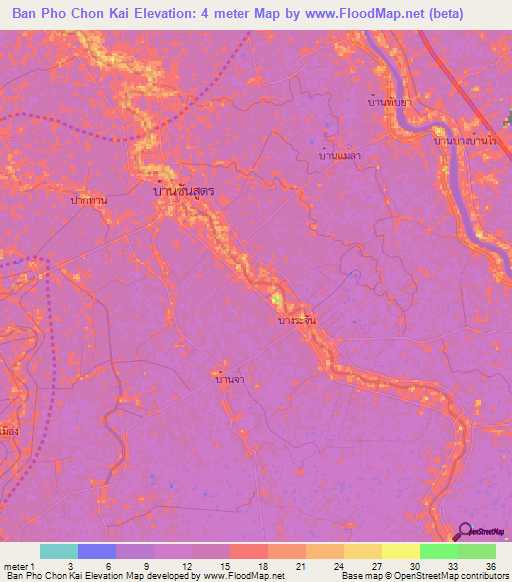 Ban Pho Chon Kai,Thailand Elevation Map