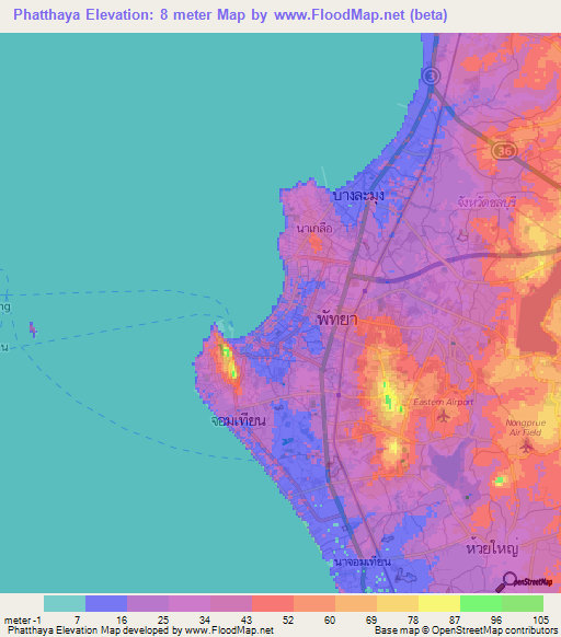Phatthaya,Thailand Elevation Map