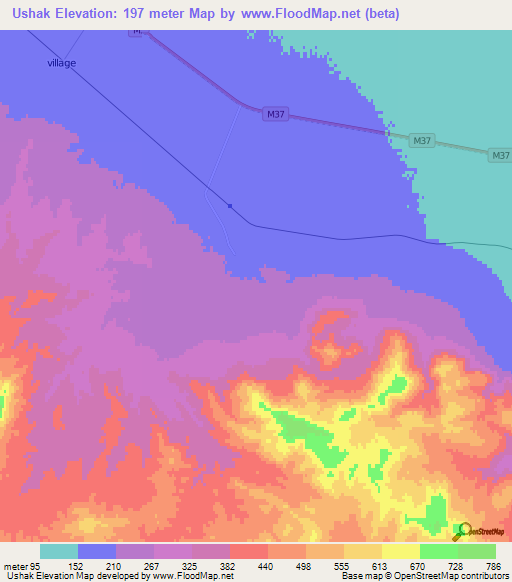 Ushak,Turkmenistan Elevation Map