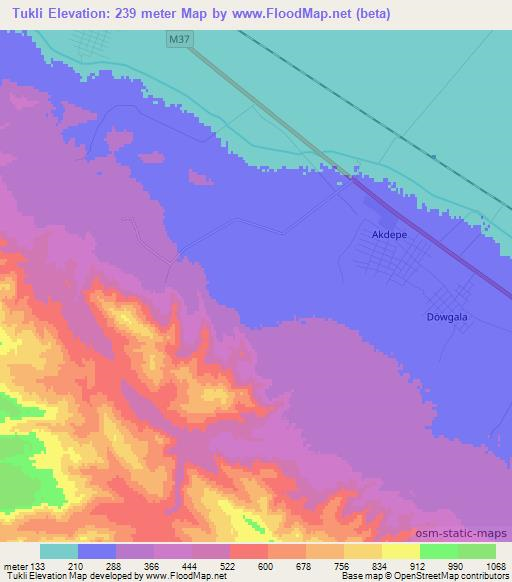 Tukli,Turkmenistan Elevation Map