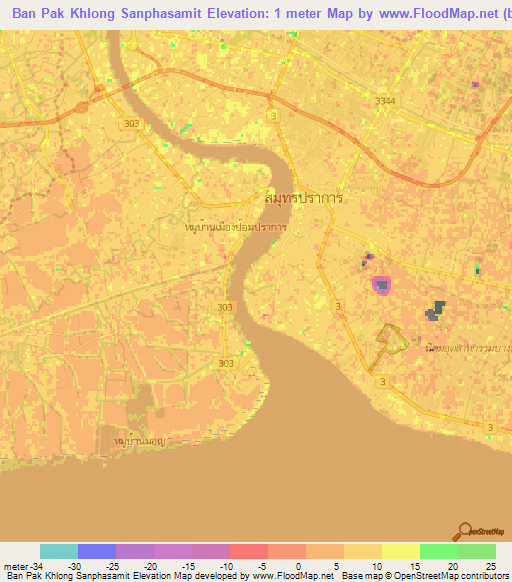 Ban Pak Khlong Sanphasamit,Thailand Elevation Map