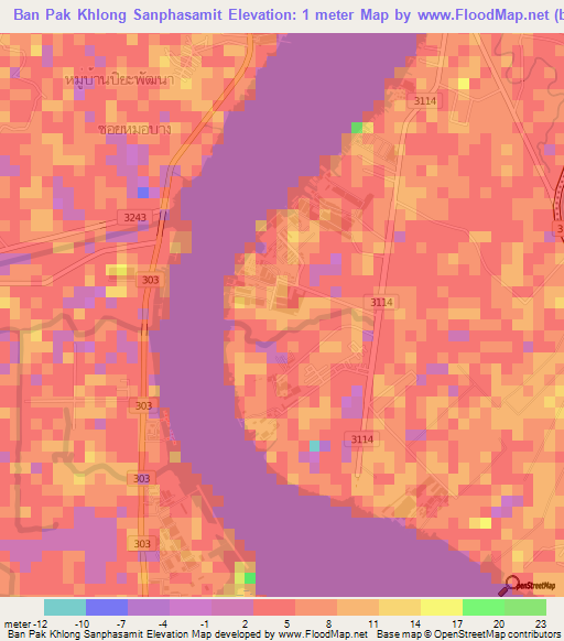 Ban Pak Khlong Sanphasamit,Thailand Elevation Map