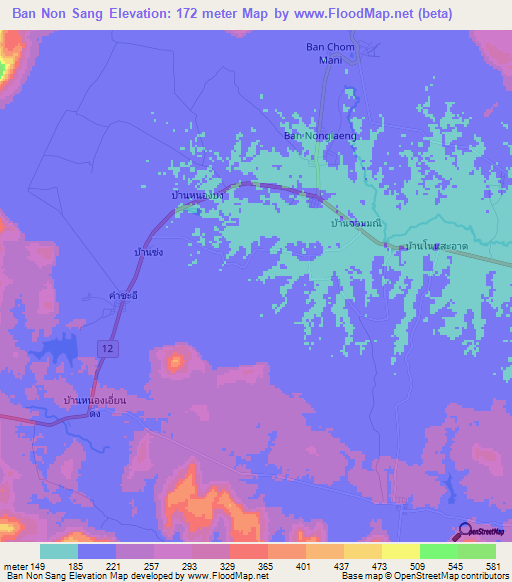 Ban Non Sang,Thailand Elevation Map