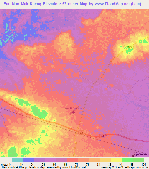 Ban Non Mak Kheng,Thailand Elevation Map