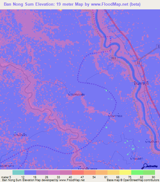 Ban Nong Sum,Thailand Elevation Map