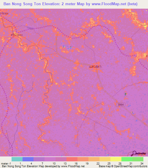 Ban Nong Song Ton,Thailand Elevation Map
