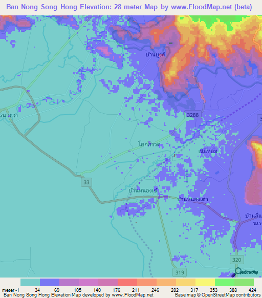 Ban Nong Song Hong,Thailand Elevation Map