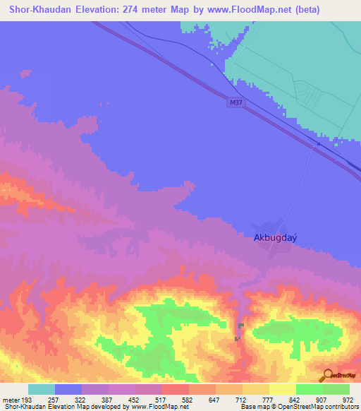 Shor-Khaudan,Turkmenistan Elevation Map