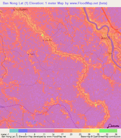Ban Nong Lat (1),Thailand Elevation Map