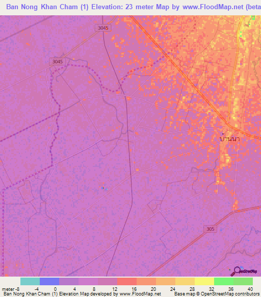 Ban Nong Khan Cham (1),Thailand Elevation Map