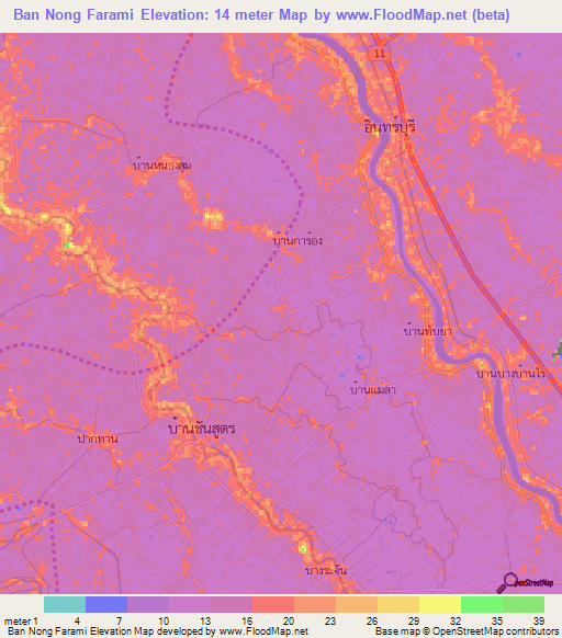 Ban Nong Farami,Thailand Elevation Map