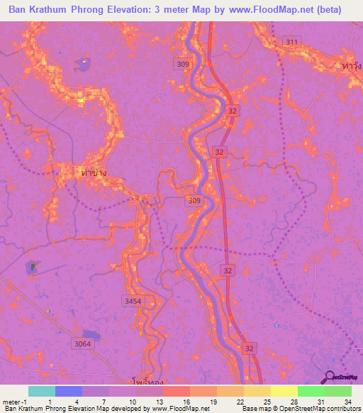 Ban Krathum Phrong,Thailand Elevation Map