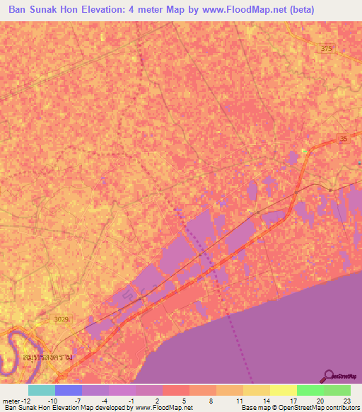 Ban Sunak Hon,Thailand Elevation Map