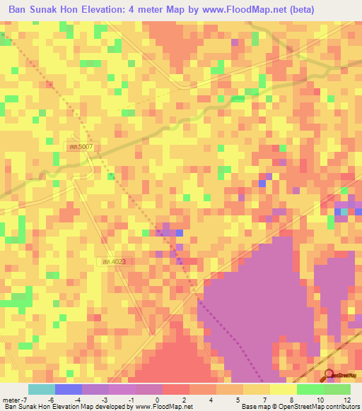 Ban Sunak Hon,Thailand Elevation Map