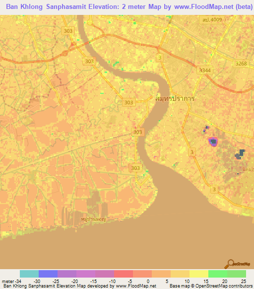 Ban Khlong Sanphasamit,Thailand Elevation Map