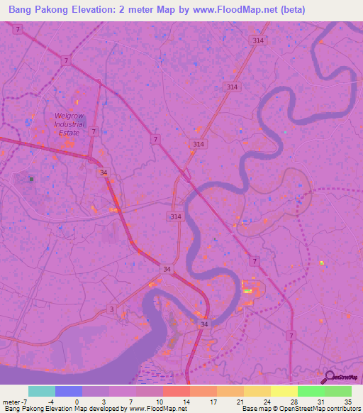 Bang Pakong,Thailand Elevation Map