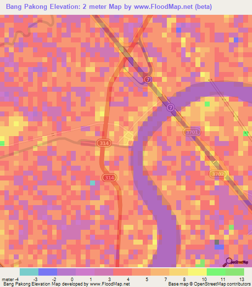 Bang Pakong,Thailand Elevation Map