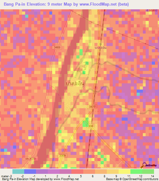 Bang Pa-in,Thailand Elevation Map