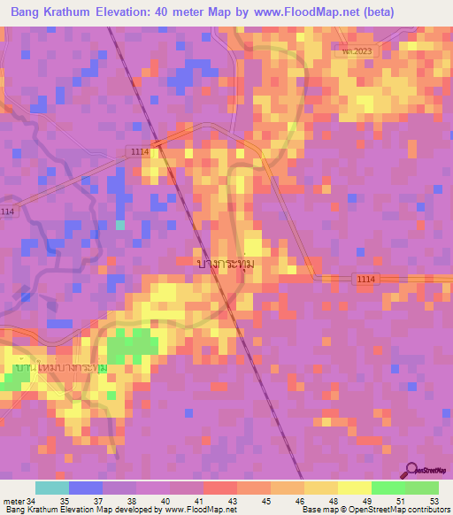 Bang Krathum,Thailand Elevation Map