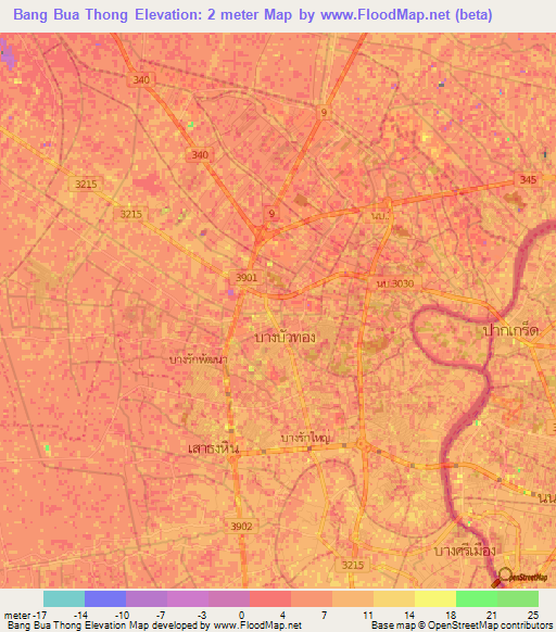 Bang Bua Thong,Thailand Elevation Map