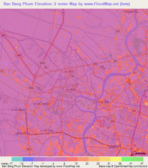 Ban Bang Phum,Thailand Elevation Map