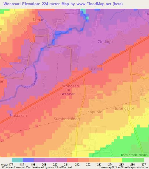 Wonosari,Indonesia Elevation Map