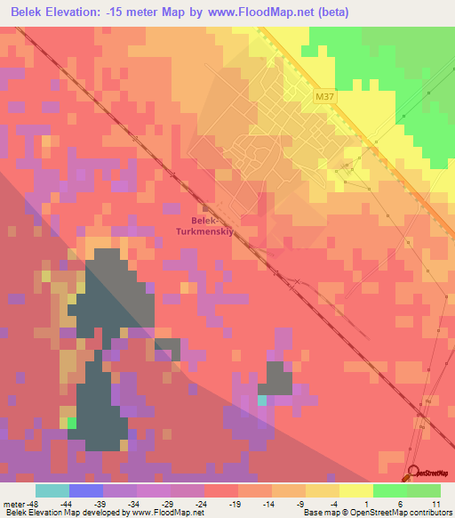 Belek,Turkmenistan Elevation Map
