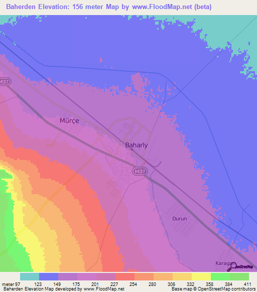 Baherden,Turkmenistan Elevation Map