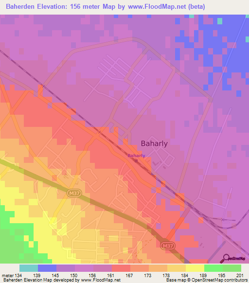 Baherden,Turkmenistan Elevation Map