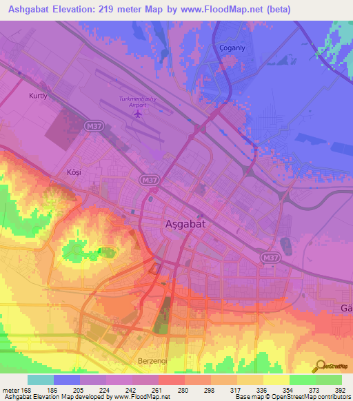 Ashgabat,Turkmenistan Elevation Map