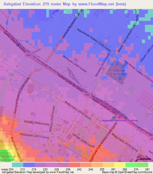 Ashgabat,Turkmenistan Elevation Map