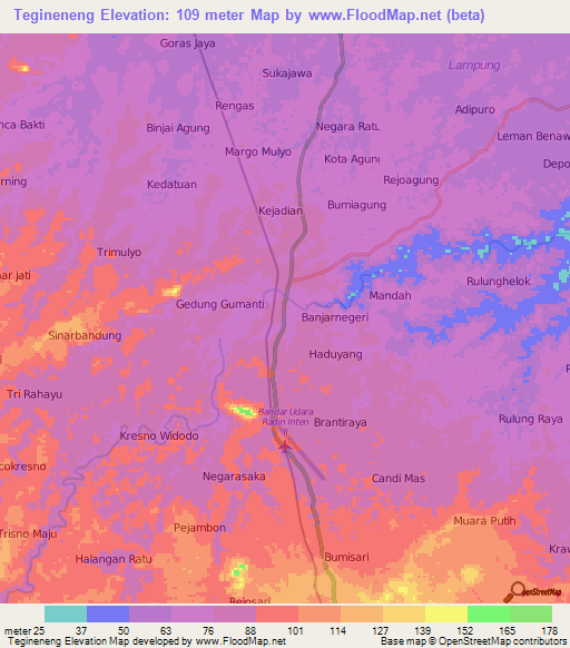 Tegineneng,Indonesia Elevation Map