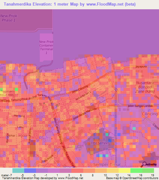 Tanahmerdika,Indonesia Elevation Map