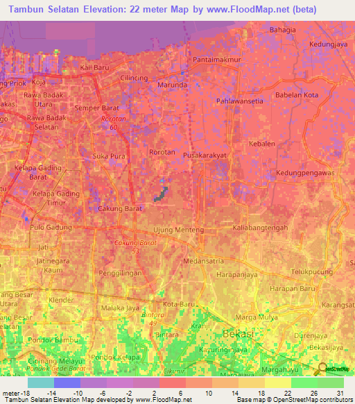Tambun Selatan,Indonesia Elevation Map